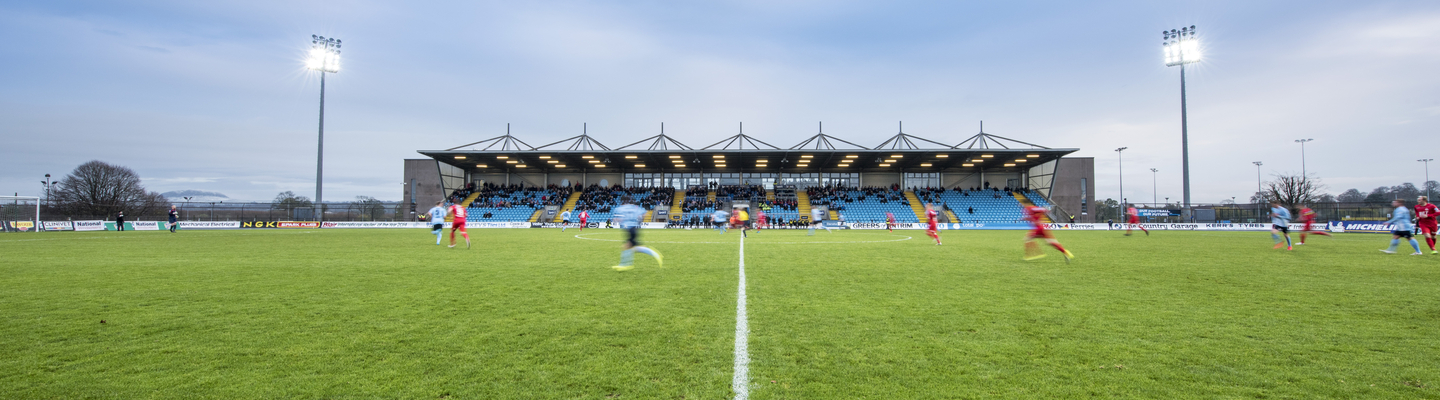 Photograph of the main stand at Ballymena Showgrounds