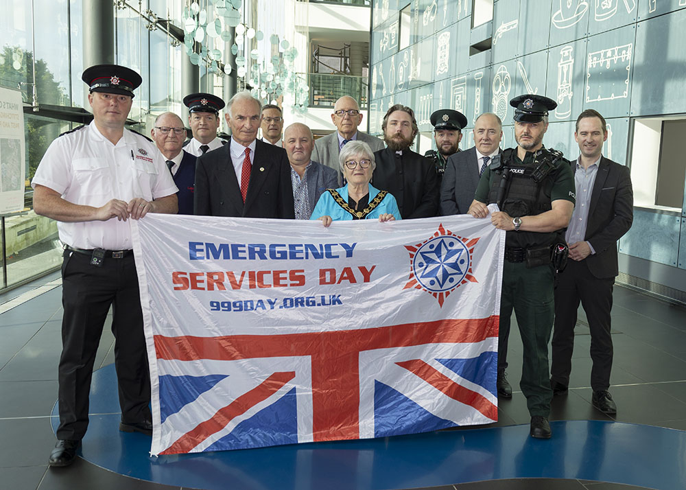 Mayor of Mid and East Antrim Alderman Beth Adger MBE with guests at the 999 Emergency Services Day event in Ballymena. Included are Richard Reade DL (fourth from left) and Rev. Andy Moore (fifth from right) with representatives of the emergency services a