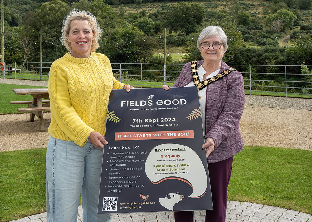 Claire Saunders Director, Fields Good with Mayor of Mid and East Antrim Alderman Beth Adger MBE.