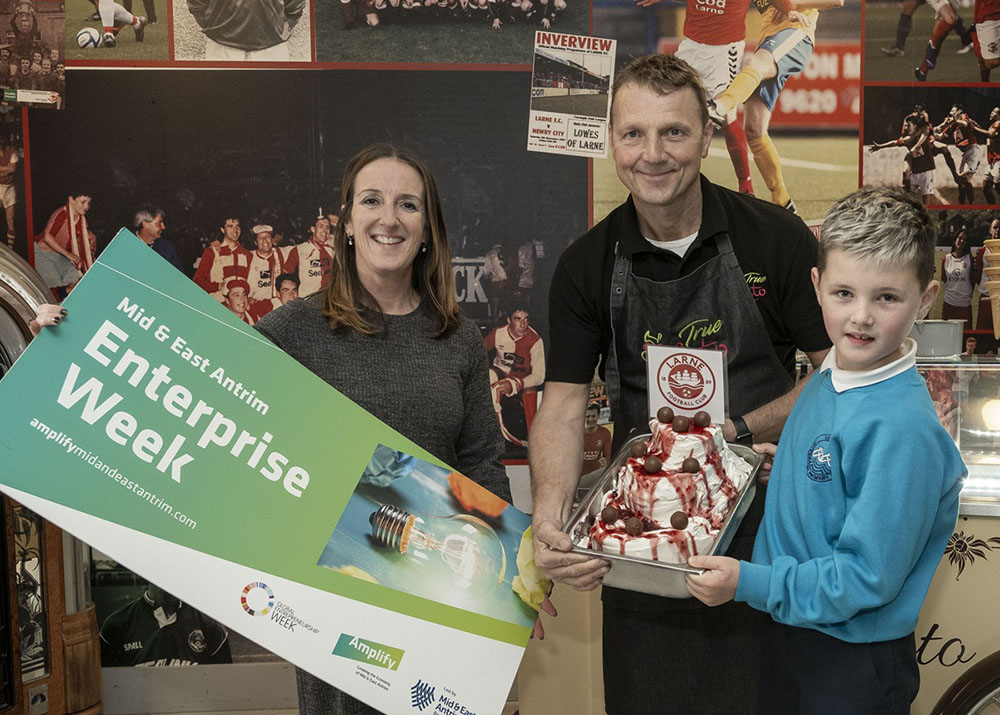 Lucas Loughlin from Corran Integrated Primary School with Christine Barnhill from Mid and East Antrim Borough Council and Karl Wilson from True Gelato.