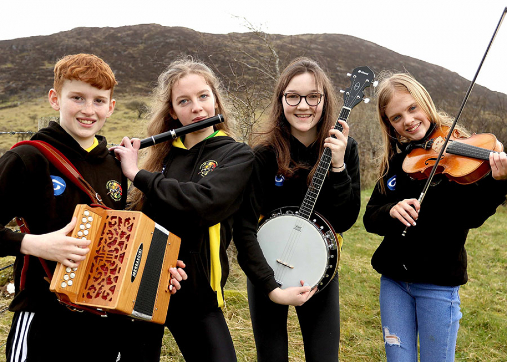 Young musicians from Portglenone CCE photographed on Slemish.