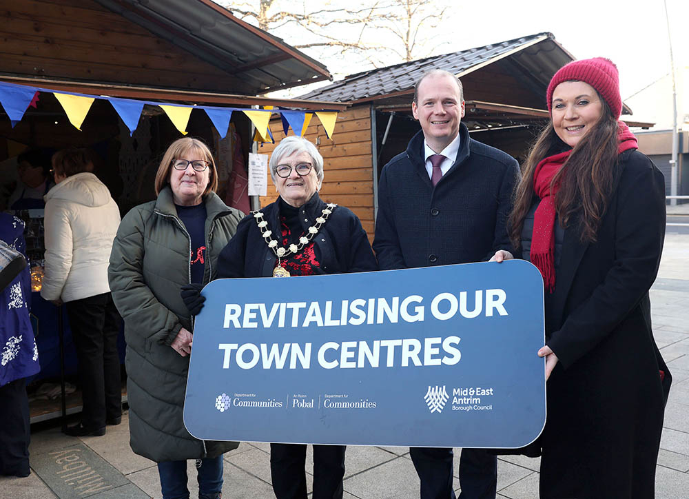 Pictured is the Mayor of Mid and East Antrim, Alderman Beth Adger MBE and Minister for Communities Gordon Lyons MLA alongside Lynda Hill of Larne Renovation Generation and Portia Woods from Larne Business Forum.