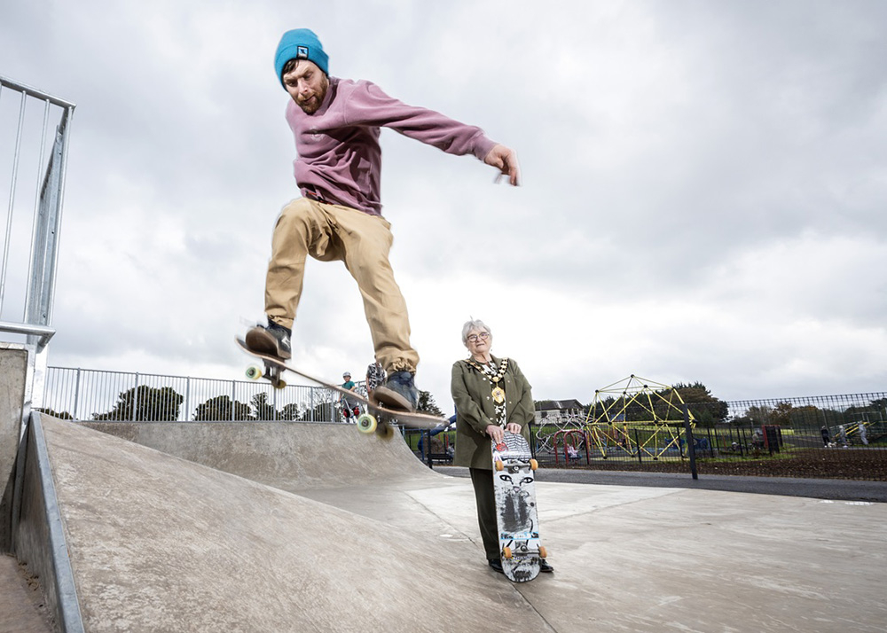 Mayor of Mid and East Antrim, Alderman Beth Adger MBE, with a skater at the official opening of the skate park.