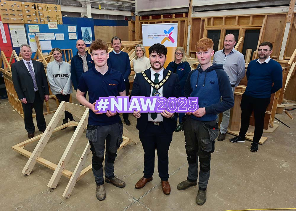 NRC Construction Takeover – Pictured with Deputy Mayor of Mid and East Antrim, Councillor Bréanainn Lyness is Charlie Fleck (2024 UK Skillbuild Bronze Winner) and Andrew MacKenzie (2024 UK Skillbuild competitor) both apprentices who are undertaking OCN