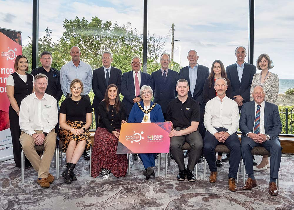 Mayor of Mid and East Antrim Alderman Beth Adger MBE at the launch of Science Summer School 2024/25 with Lord Andrew Mawson OBE from The 360 Degree Society, Graham Whitehurst MBE Chair of the Manufacturing Task Force (MTF), and Company Sponsors and STEAM