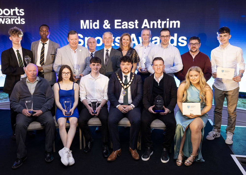 Group photo of all the winners at the Mid & East Antrim Sports Awards 2025.