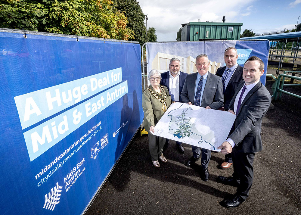 Pictured at the official announcement of the design team was (L-R) Mayor of Mid and East Antrim, Alderman Beth Adger MBE with Gerard Murray Director of Regional Development at Department for Communities (DfC); Minister for the Economy Conor Murphy; Michae